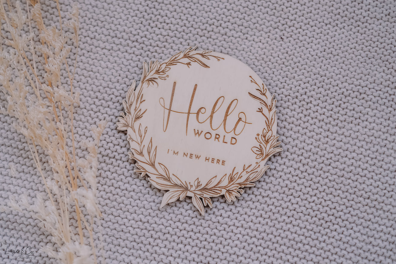 Hello World Floral Wreath Announcement Sign